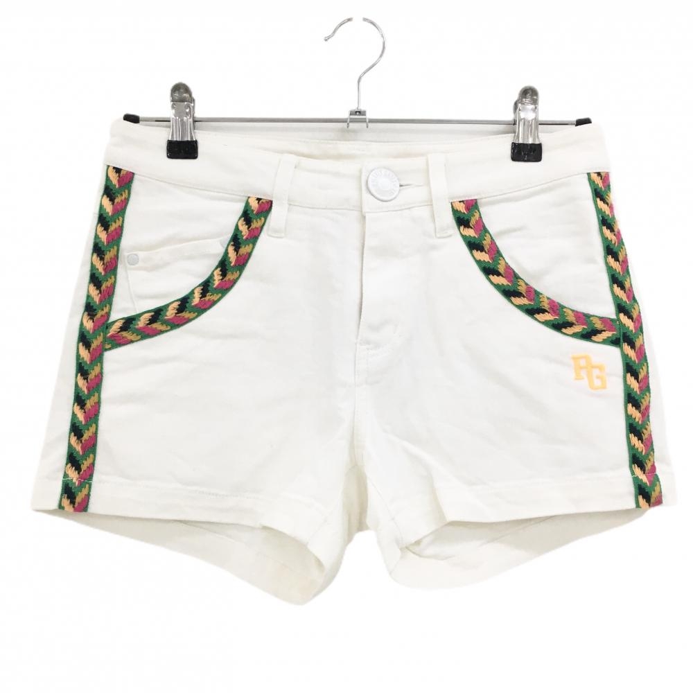 パーリーゲイツ ショートパンツ 白×グリーン×オレンジ 柄ライン ロゴ刺しゅう ストレッチ レディース 0(S) ゴルフウェア PEARLY GATES
