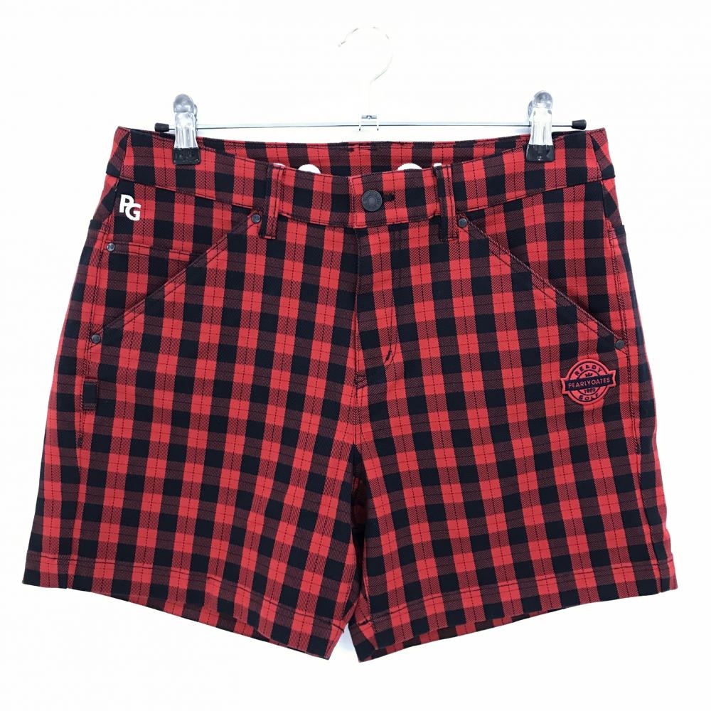 【新品】パーリーゲイツ ショートパンツ レッド×ダークネイビー チェック柄 ロゴ白 レディース 2(L) ゴルフウェア PEARLY GATES