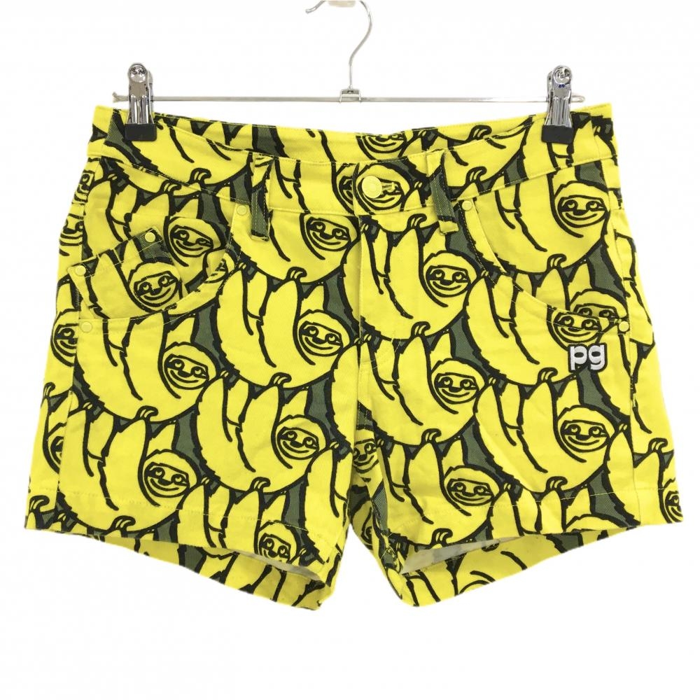 【美品】パーリーゲイツ ショートパンツ イエロー×黒 なまけもの総柄 レディース 1(M) ゴルフウェア PEARLY GATES
