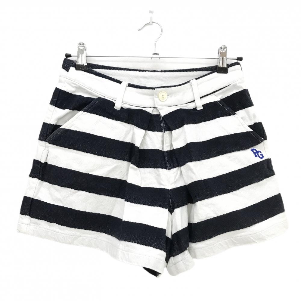 【美品】パーリーゲイツ ショートパンツ 白×ネイビー ボーダー 30周年 内側ニコちゃん  レディース 0(S) ゴルフウェア PEARLY GATES