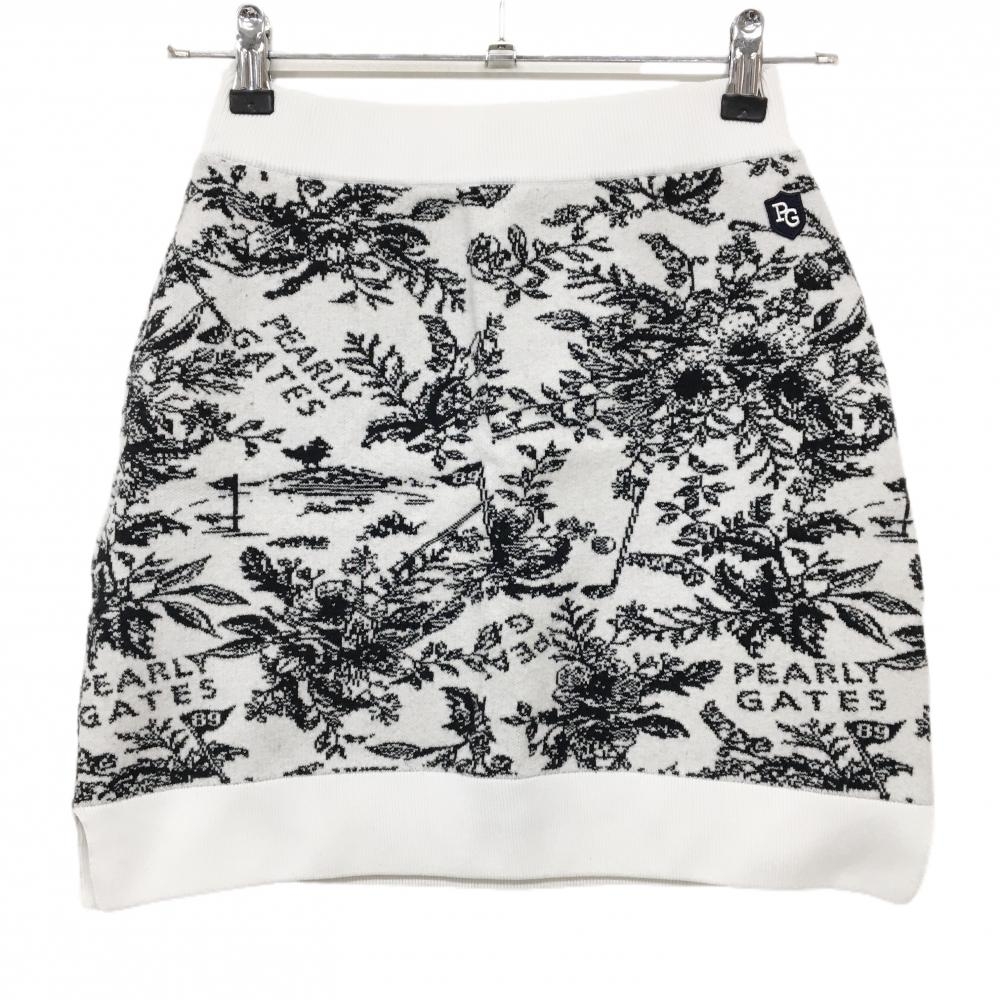 【超美品】パーリーゲイツ ニットスカート 白×黒 花柄 ウエストゴム  レディース 0(S) ゴルフウェア PEARLY GATES