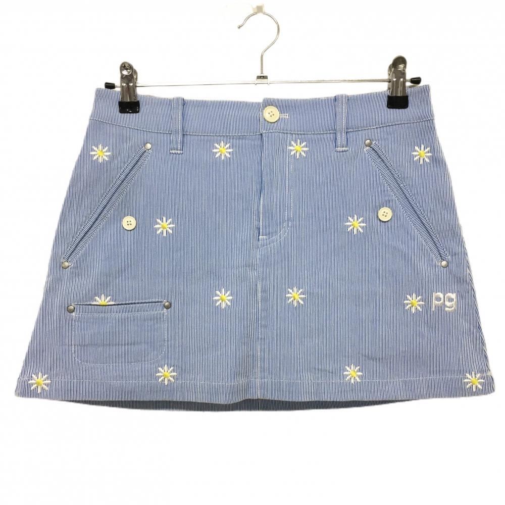パーリーゲイツ スカート ブルー×白 細ストライプ 花刺しゅう