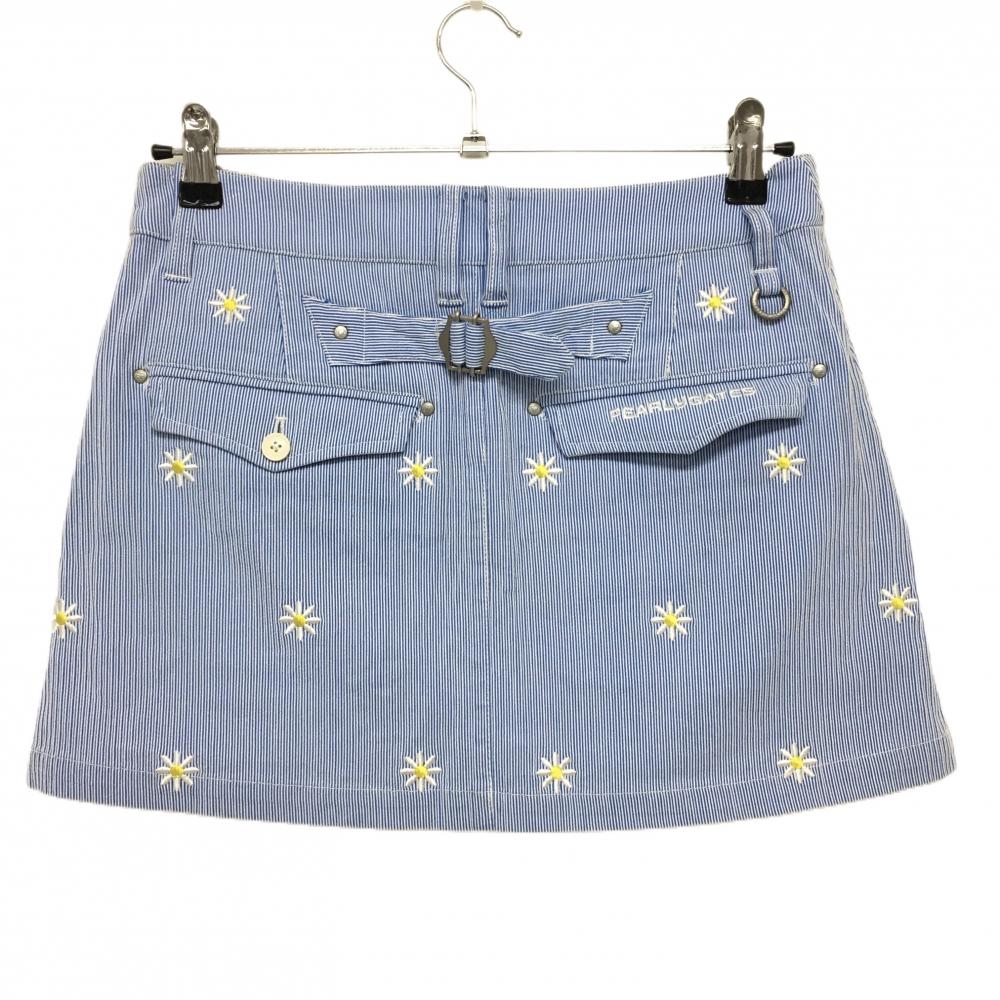 パーリーゲイツ スカート ブルー×白 細ストライプ 花刺しゅう