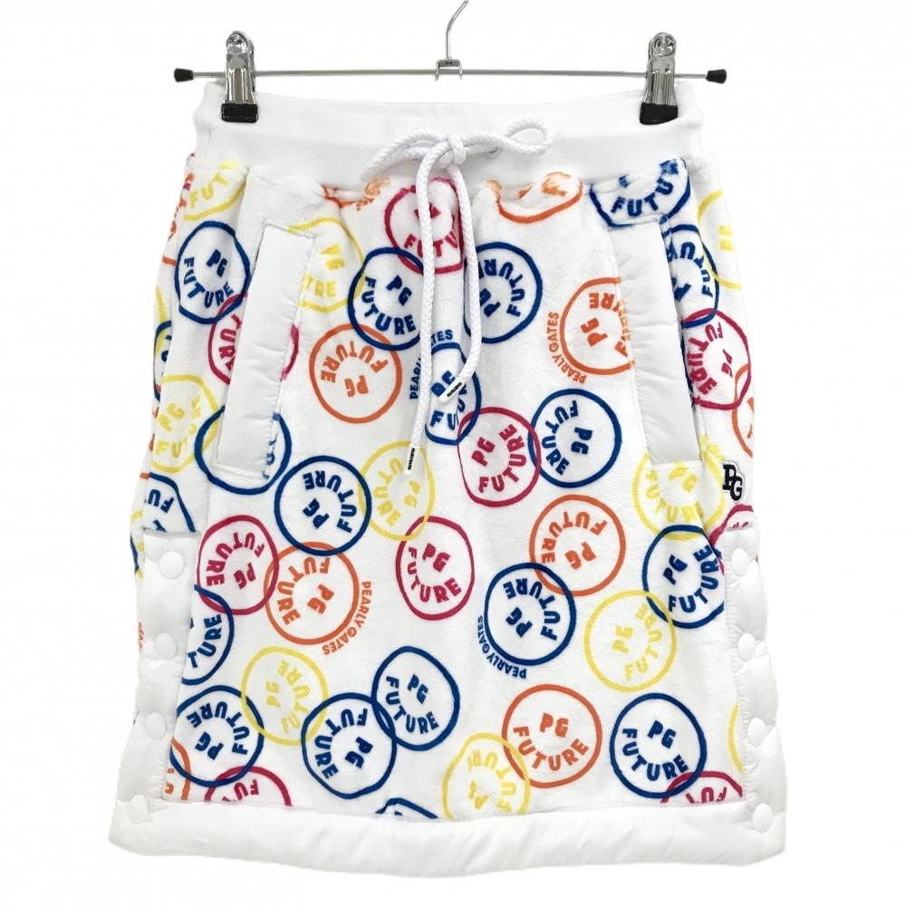 【新品】パーリーゲイツ ベロアスカート 白×マルチカラー FUTUREニコ 裏ボア ウエストゴム レディース 0(S) ゴルフウェア PEARLY GATES