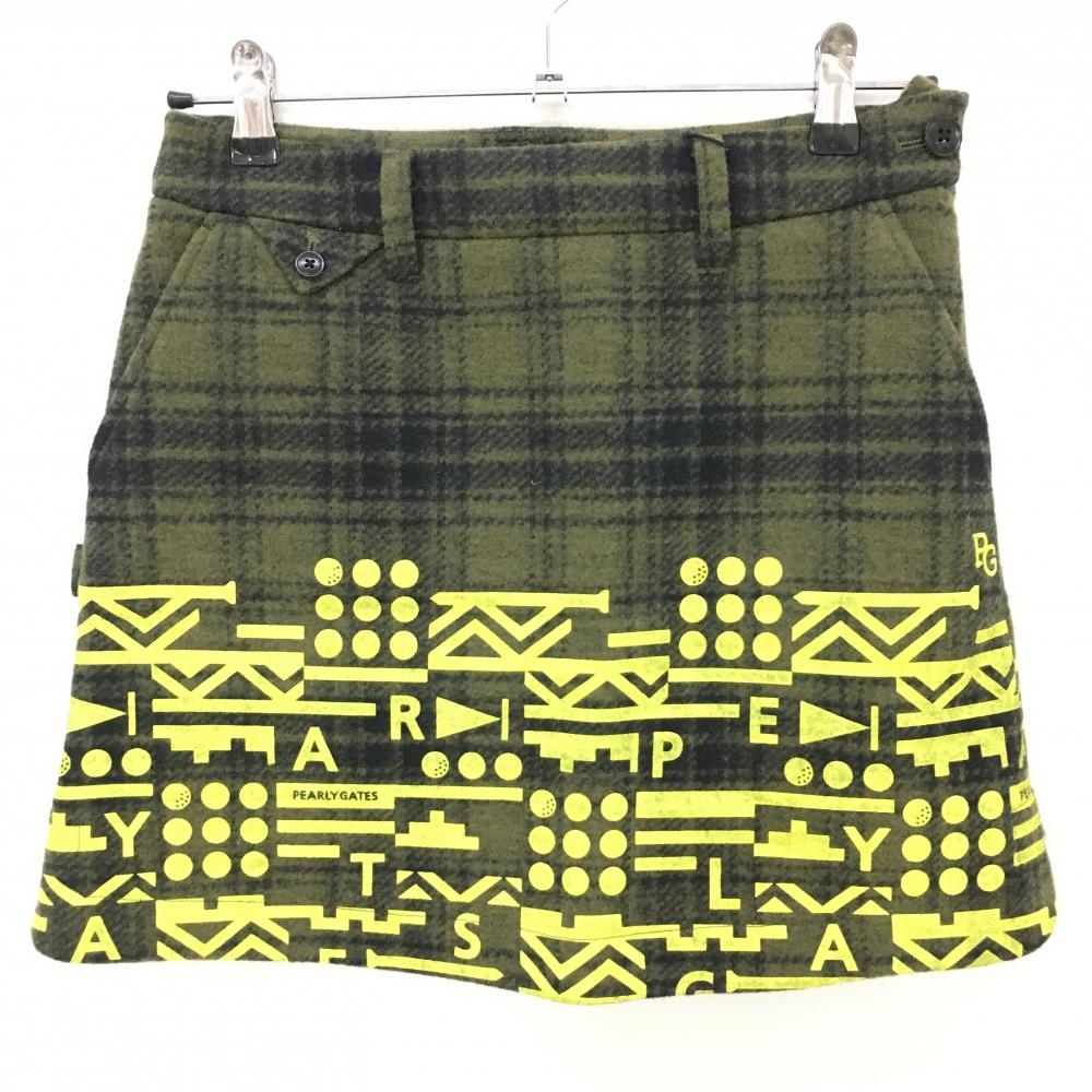 【新品】パーリーゲイツ スカート カーキ×イエロー チェック 表起毛 下部プリント レディース 0(S) ゴルフウェア PEARLY GATES