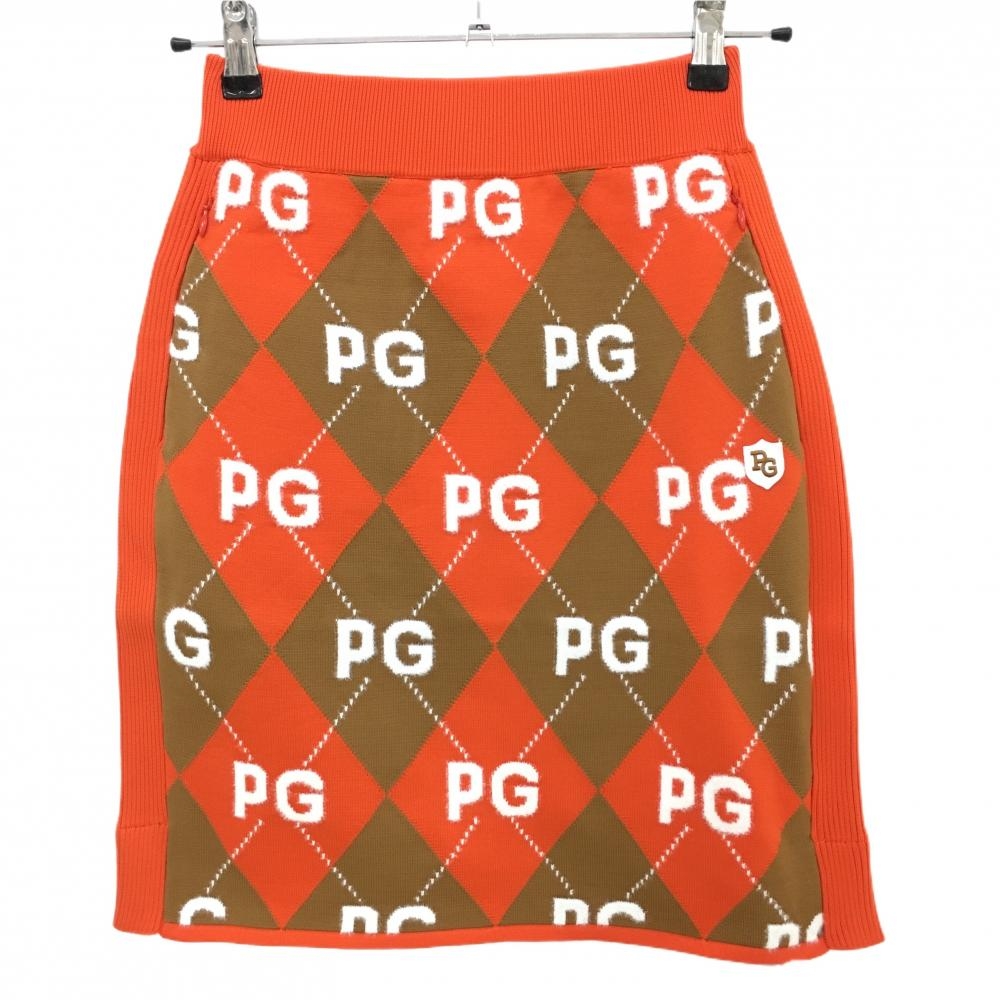 【新品】パーリーゲイツ ニットスカート オレンジ×ブラウン アーガイル柄 ロゴ ウエストゴム レディース 0(S) ゴルフウェア PEARLY GATES