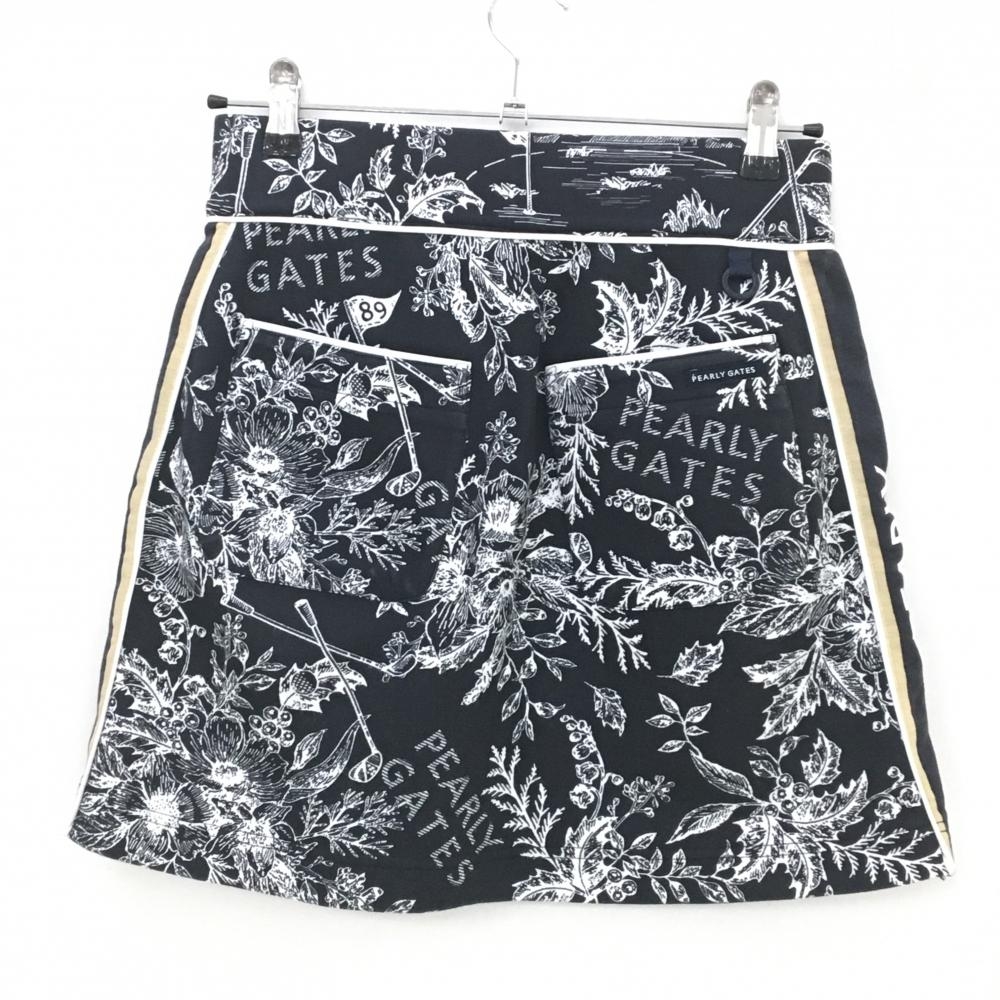 パーリーゲイツ スカート 黒×白 花柄 サイドロゴ レディース 1(M