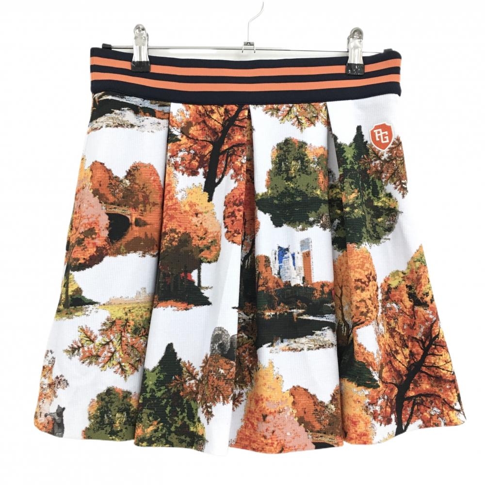 【超美品】パーリーゲイツ スカート 白×オレンジ 総柄 木 ベルト部ゴム レディース 1(M) ゴルフウェア PEARLY GATES