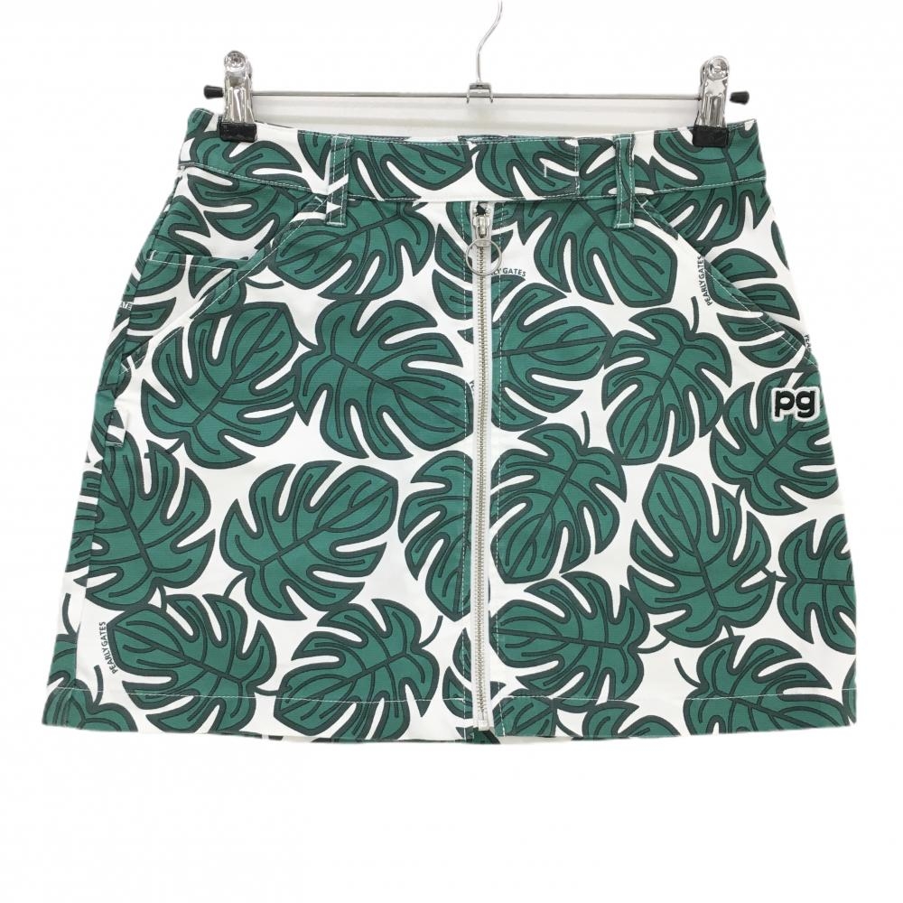 美品】パーリーゲイツ スカート グリーン×白 リーフ柄 フロントジップ