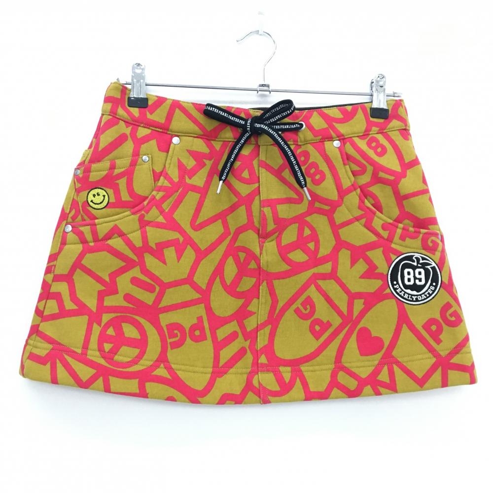 【超美品】パーリーゲイツ スカート イエローブラウン×ピンク 総柄 裏起毛 ニコちゃん レディース 1(M) ゴルフウェア PEARLY GATES