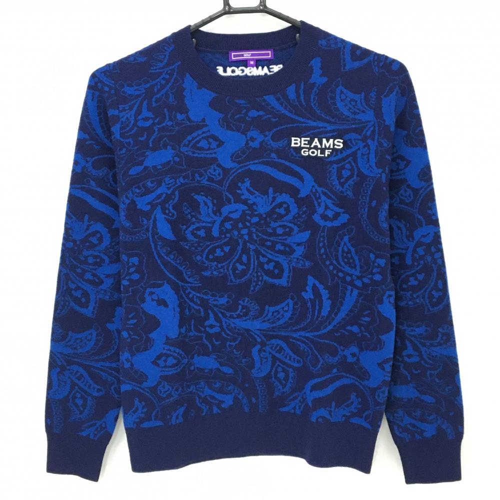 【超美品】ビームスゴルフ セーター ブルー×ネイビー 総柄 ニット レディース M ゴルフウェア BEAMS GOLF