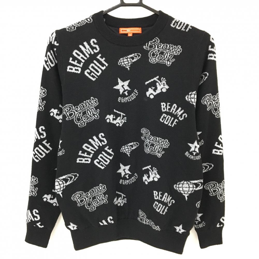 【美品】ビームスゴルフ セーター 黒×ライトグレー ロゴ総柄 裏地付き ウール混 ニット レディース M ゴルフウェア BEAMS GOLF