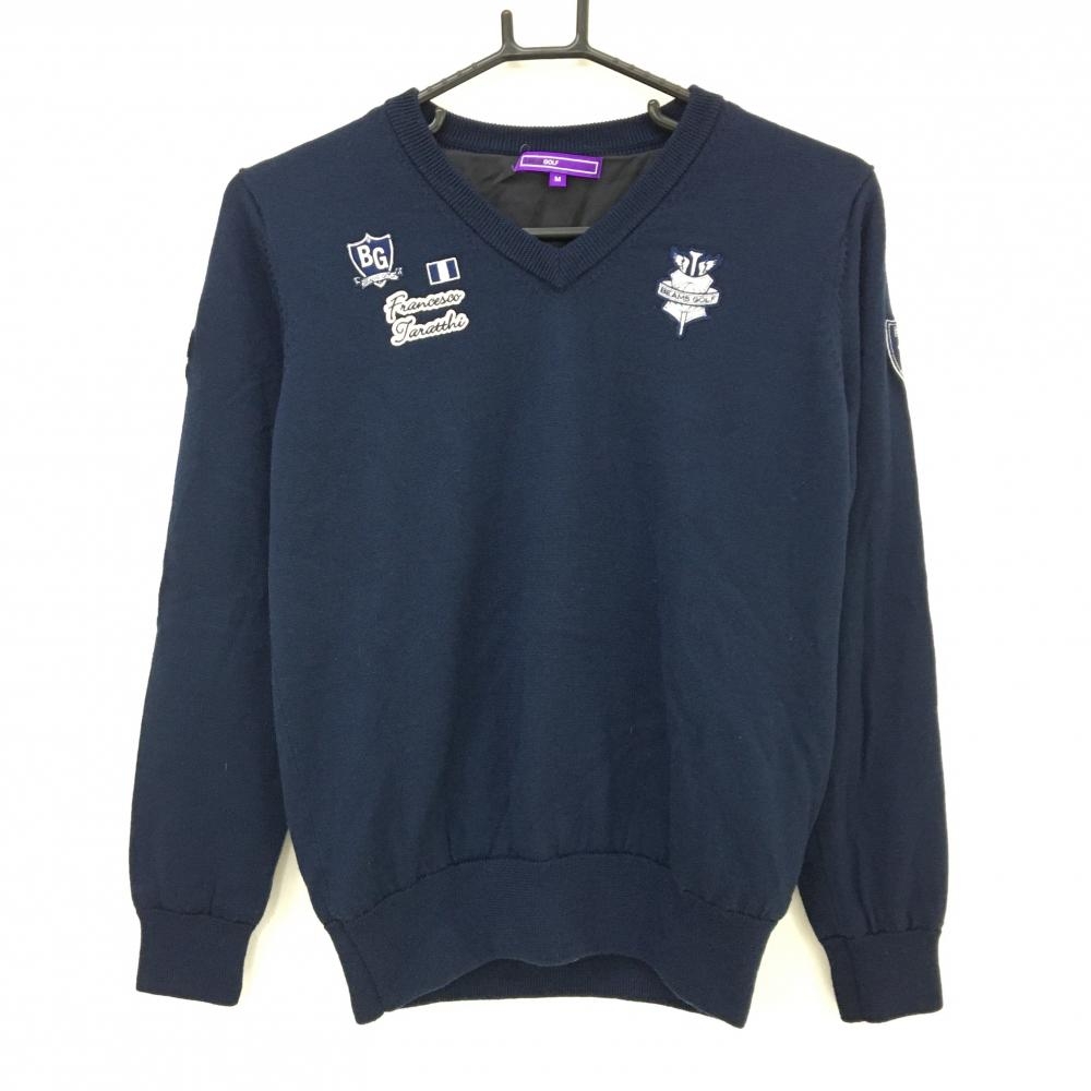 【超美品】ビームスゴルフ セーター ネイビー ウール100% 裏地付 ワッペン ニット レディース M ゴルフウェア BEAMS GOLF