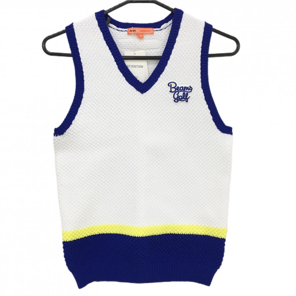 【新品】ビームスゴルフ ニットベスト 白×ブルー×イエロー 胸ロゴ Vネック レディース M ゴルフウェア BEAMS GOLF