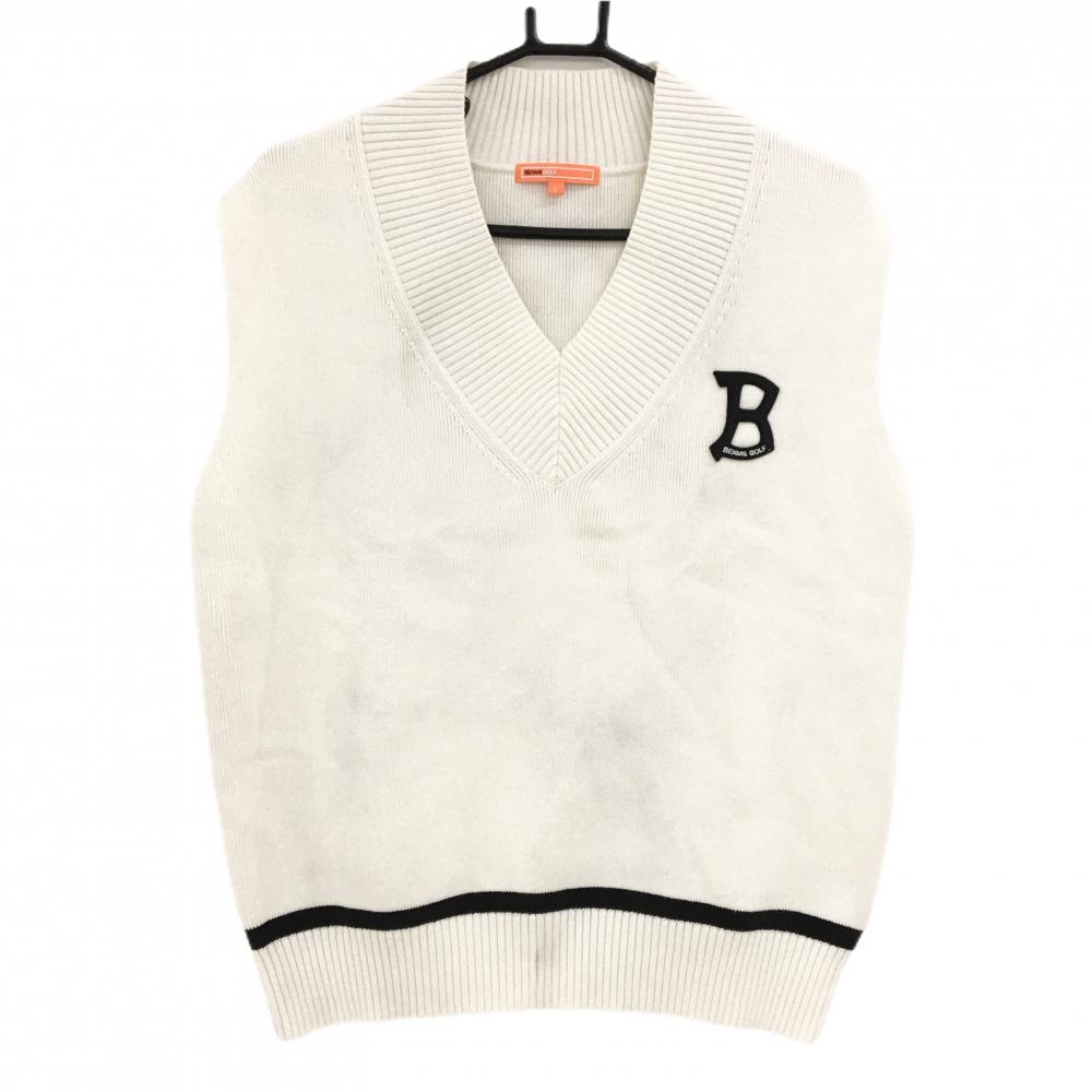 ビームスゴルフ ニットベスト 白×黒 ワッペン 裾ライン レディース L ゴルフウェア 2024年モデル BEAMS GOLF
