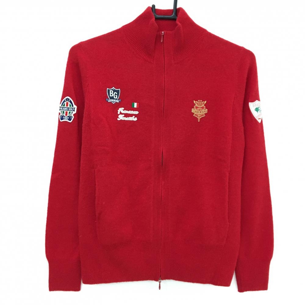 【美品】ビームスゴルフ ニットジャケット レッド ワッペン複数 カシミヤ95％  レディース M ゴルフウェア BEAMS GOLF