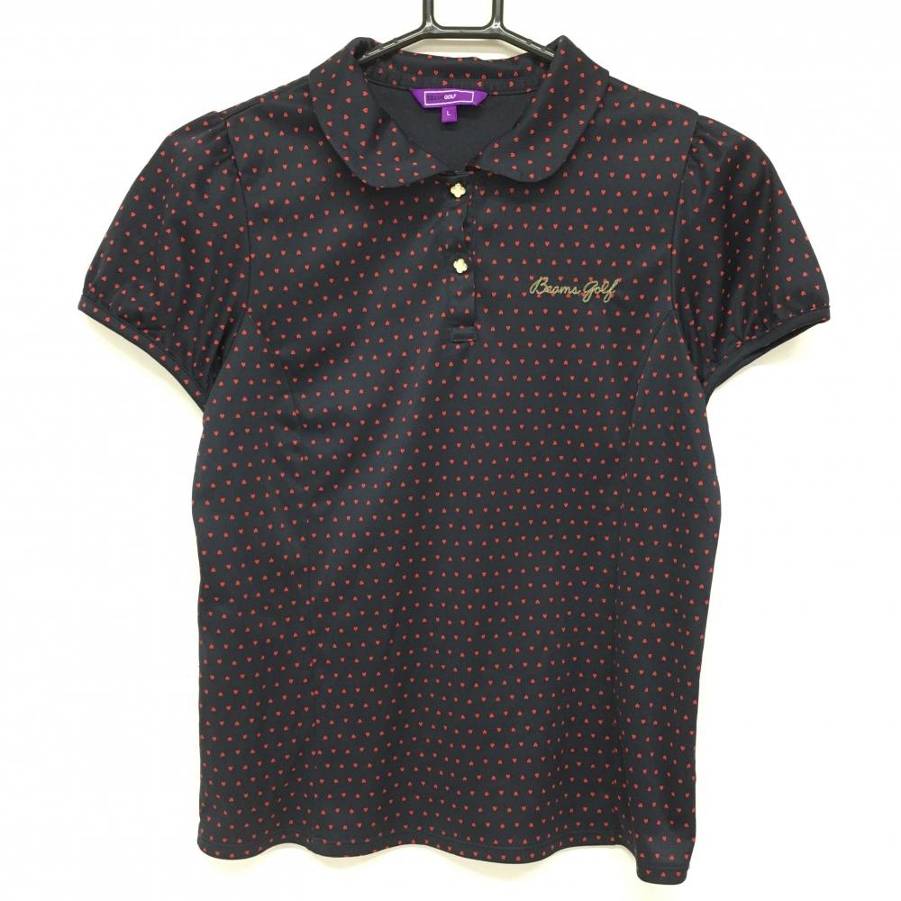 ビームスゴルフ 半袖ポロシャツ ネイビー×レッド ハート柄 花ボタン  レディース L ゴルフウェア BEAMS GOLF 画像