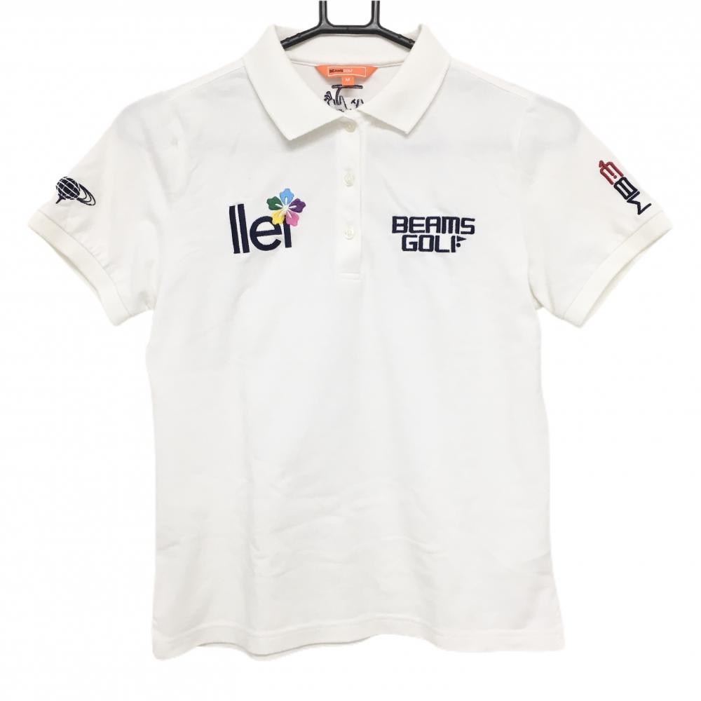 【美品】ビームスゴルフ 半袖ポロシャツ 白×ネイビー 刺しゅう レディース M ゴルフウェア BEAMS GOLF
