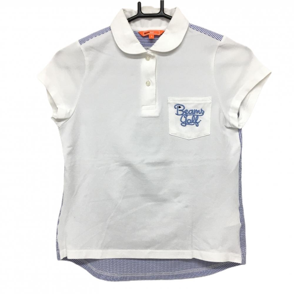 【美品】ビームスゴルフ 半袖ポロシャツ 白×ブルー 背面ストライプ サッカー生地 レディース S ゴルフウェア BEAMS GOLF