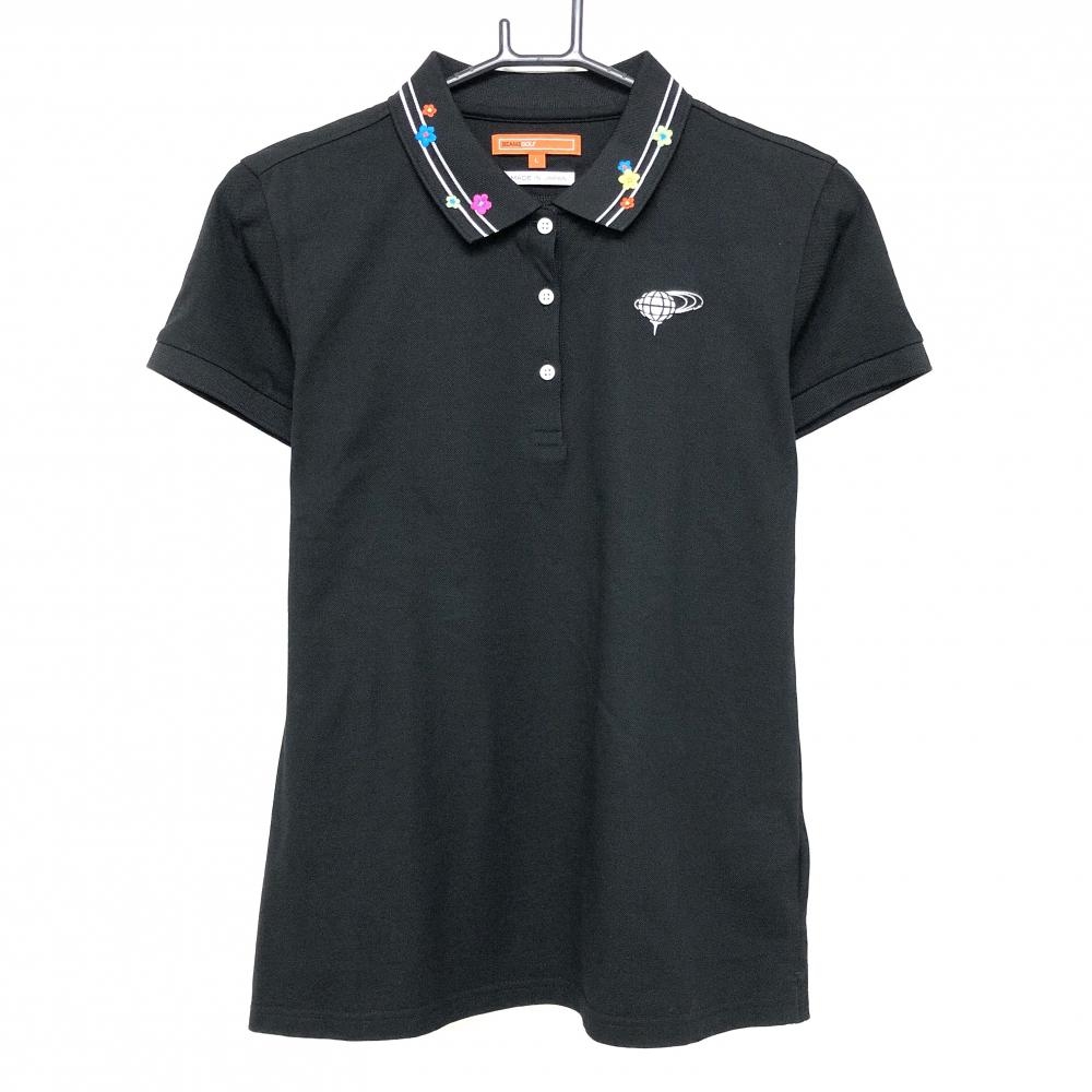 【超美品】ビームスゴルフ 半袖ポロシャツ 黒 襟ライン 花刺しゅう 日本製 レディース L ゴルフウェア BEAMS GOLF