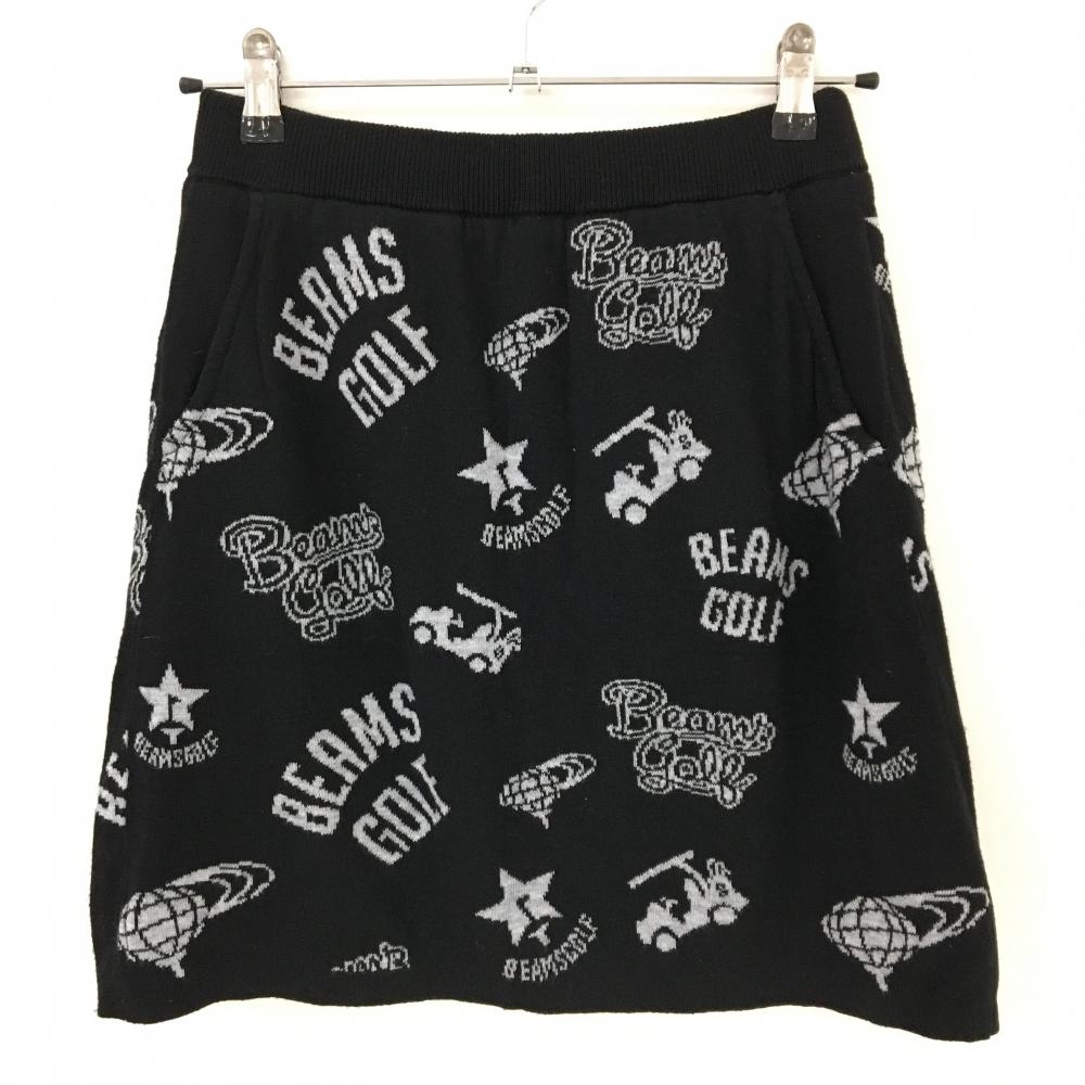 【美品】ビームスゴルフ ニットスカート 黒×ライトグレー ロゴ総柄 ウエストゴム 裏地付き  レディース M ゴルフウェア BEAMS GOLF