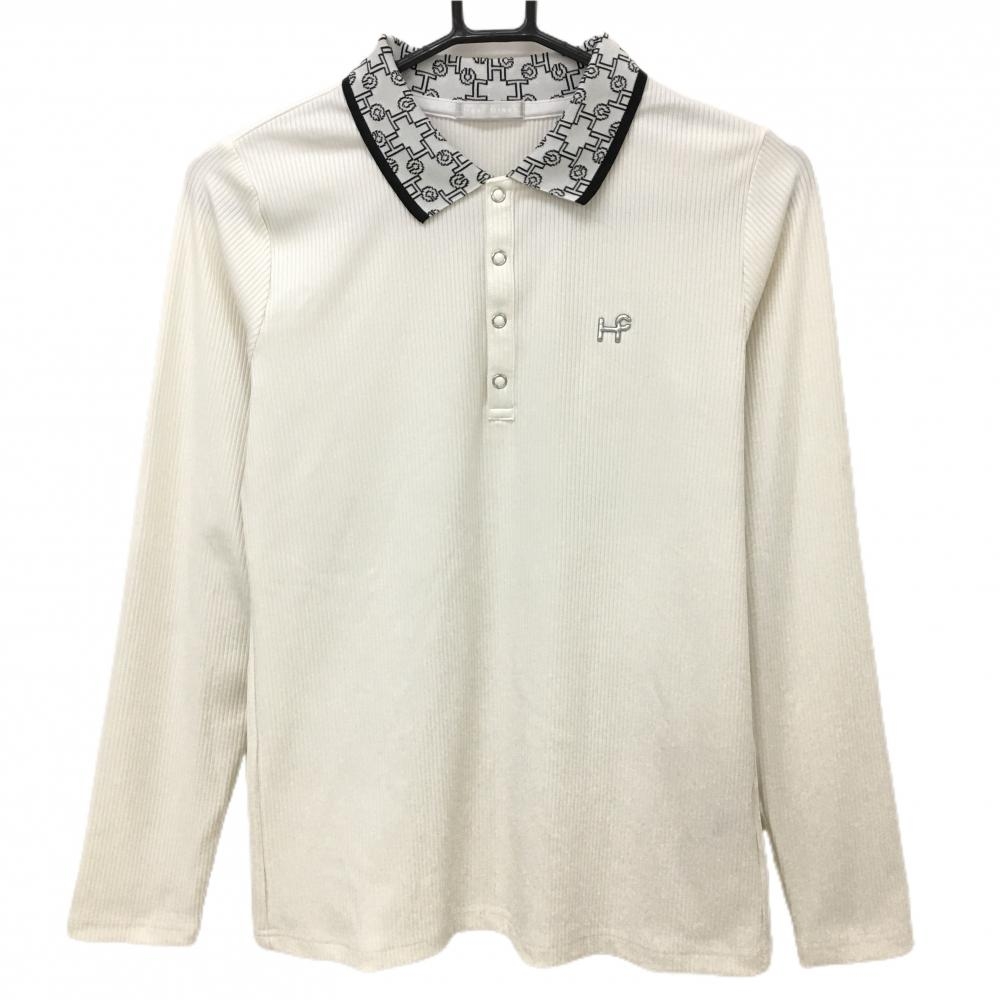 【美品】ヒールクリーク 長袖ポロシャツ 白×黒 襟柄 リブ スナップボタン レディース 40(M) ゴルフウェア Heal Creek