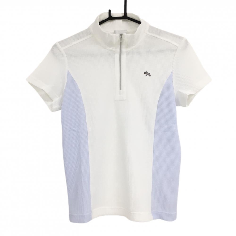 【超美品】ヒールクリーク 半袖ハイネックシャツ 白×ライトブルー ワッフル調 ハーフジップ  レディース 40(M) ゴルフウェア Heal Creek