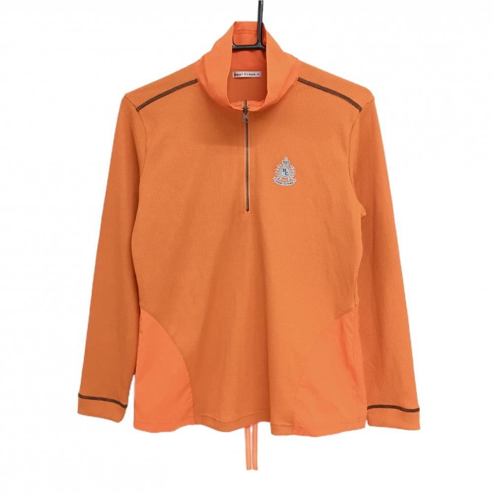【美品】ヒールクリーク 長袖ハイネックシャツ オレンジ×グレー×ブラウン ハーフジップ  レディース 42(L) ゴルフウェア Heal Creek
