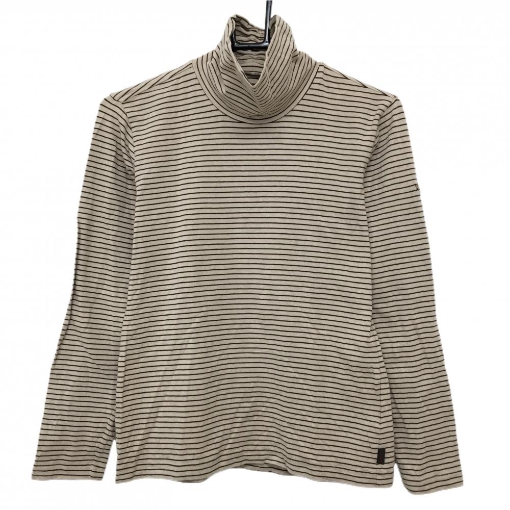【美品】ヒールクリーク 長袖ハイネックシャツ ベージュ×ブラウン 細ボーダー ストレッチ  レディース 40(M) ゴルフウェア Heal Creek