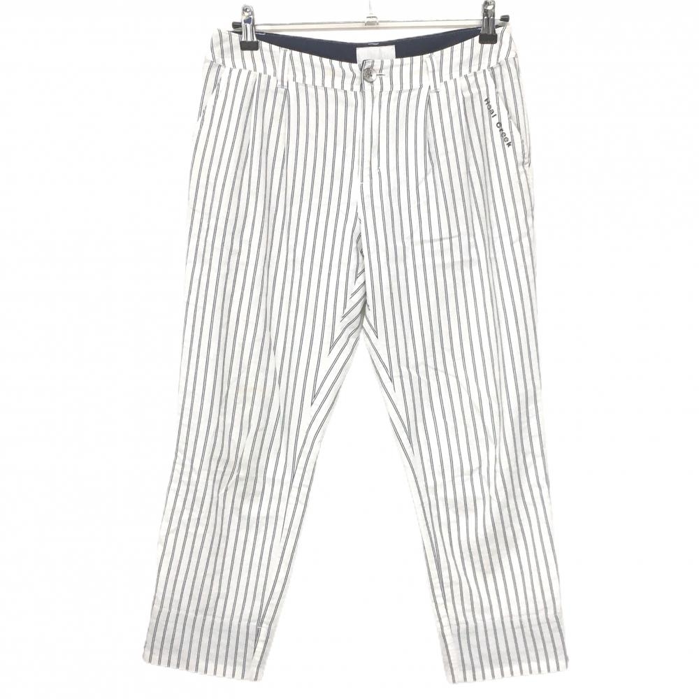 ヒールクリーク 七分丈パンツ 白×ネイビー ストライプ バックロゴ　薄手 レディース 42(L) ゴルフウェア Heal Creek
