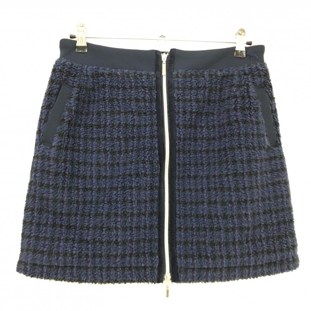 【美品】ヒールクリーク ボアスカート ダークネイビー×パープル チェック風 フロントジップ レディース 42(L) ゴルフウェア Heal Creek