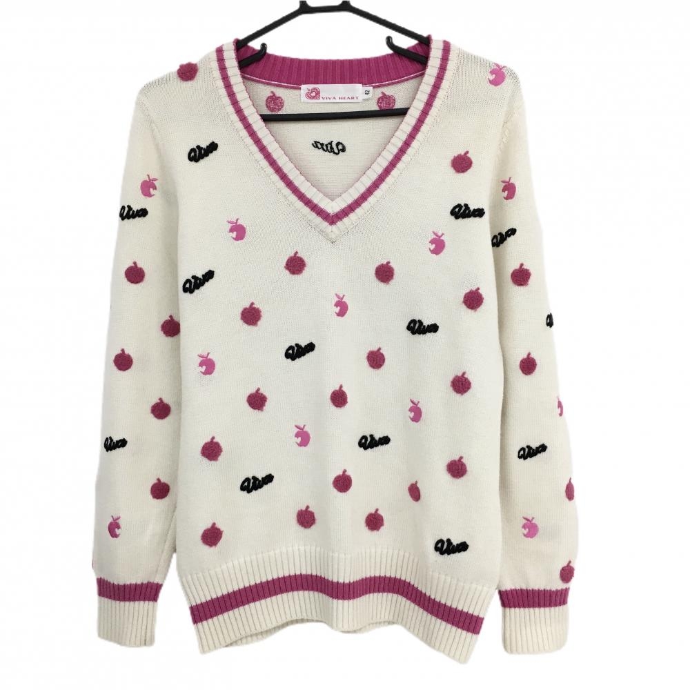 ビバハート セーター アイボリー×ピンク リンゴ総柄 Vネック ウール混 ニット レディース 42(L) ゴルフウェア VIVA HEART