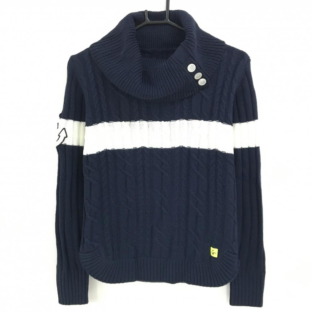 【超美品】ビバハート タートルネックセーター ネイビー×白 ケーブル編み 胸元ライン レディース 42(L) ゴルフウェア VIVA HEART