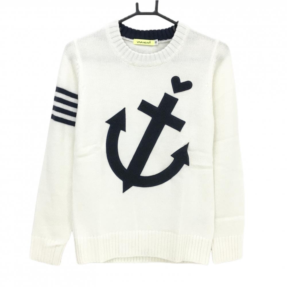 【美品】ビバハート セーター 白×ダークネイビー イカリ ビッグロゴ ウール混 ニット レディース 40(M) ゴルフウェア VIVA HEART