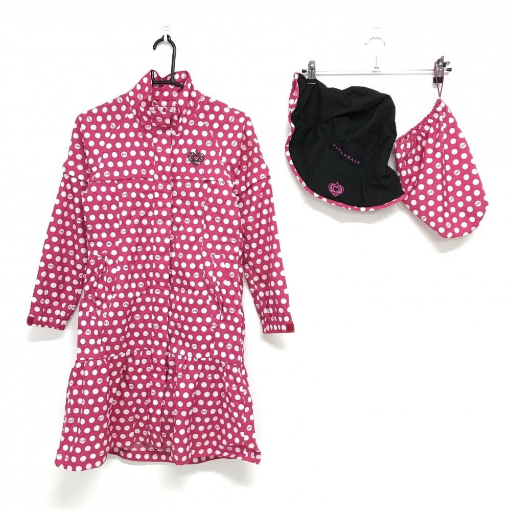 【美品】ビバハート レインウェア(2WAYレインワンピース×ハット) ピンク×白 ドット  レディース 38(S) ゴルフウェア VIVA HEART