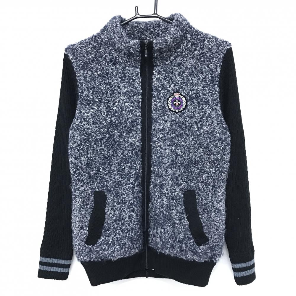 ビバハート ニットジャケット ネイビー×黒 ボア風 胸元ワッペン ウール混  レディース 40(M) ゴルフウェア VIVA HEART
