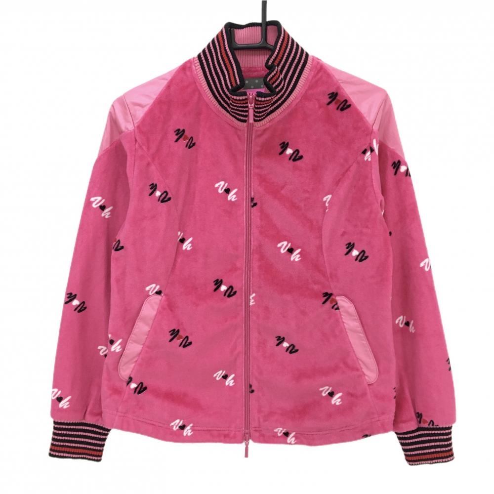 【美品】ビバハート ジャケット ピンク×黒 一部起毛 総柄 ネック・袖口ボーダー ダブルジップ  レディース 42(L) ゴルフウェア VIVA HEART