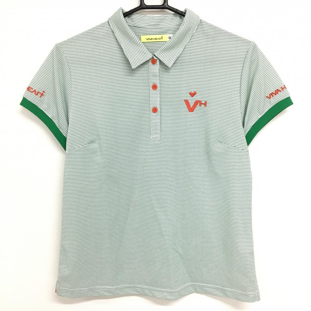 【超美品】ビバハート 半袖ポロシャツ グリーン×白 ボーダー風 ロゴ刺しゅう レディース 42(L) ゴルフウェア VIVA HEART