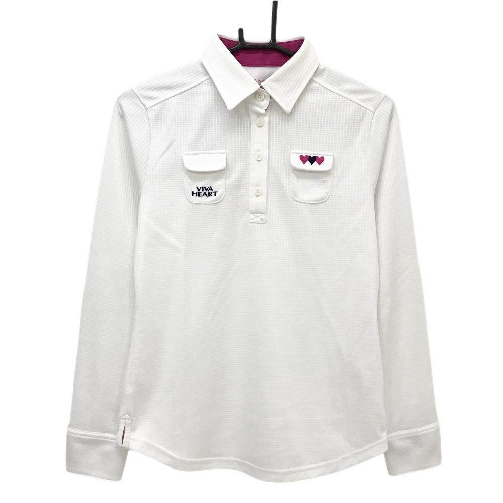 ビバハート 長袖ポロシャツ 白 襟裏・袖口裏ピンク ロゴ刺しゅう 胸ポケット  レディース 40(M) ゴルフウェア VIVA HEART