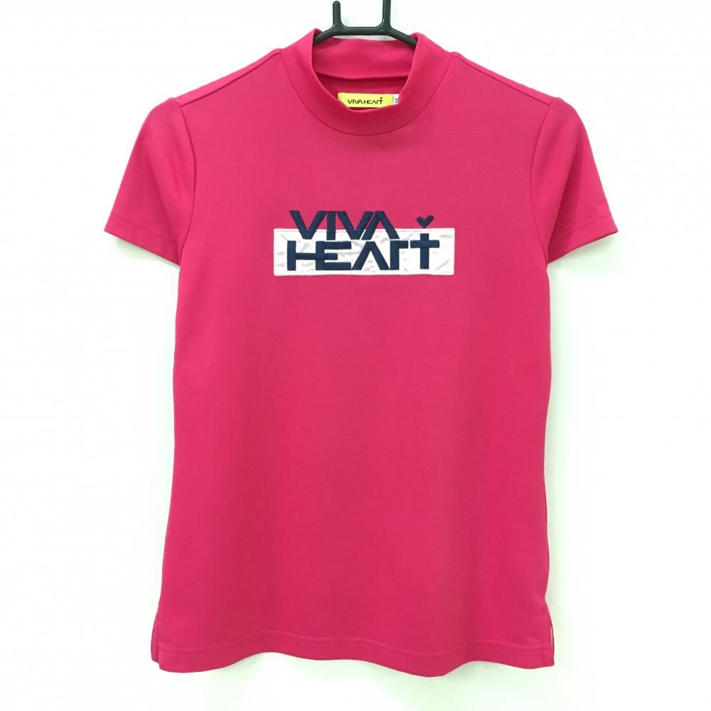 ビバハート 半袖ハイネックシャツ ピンク×ネイビー ロゴ刺しゅう レディース 40(M) ゴルフウェア VIVA HEART