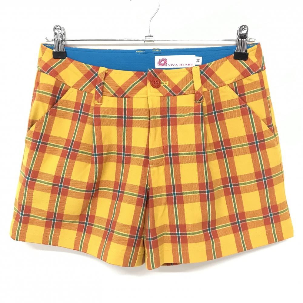 【美品】ビバハート ショートパンツ イエロー×オレンジ チェック 裏地付 レディース 40(M) ゴルフウェア VIVA HEART
