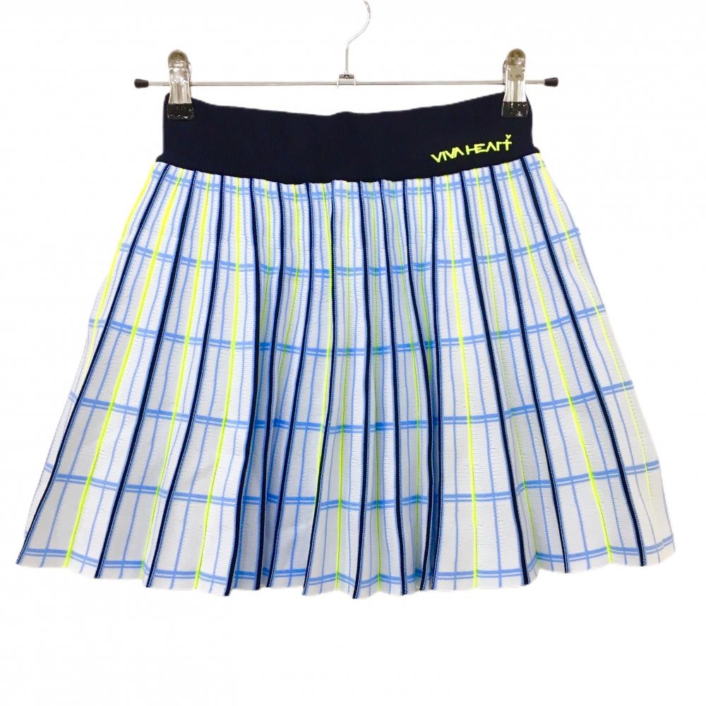 【超美品】ビバハート ニットスカート 白×ネイビー×蛍光イエロー プリーツ ロゴ刺しゅう レディース 38(S) ゴルフウェア VIVA HEART