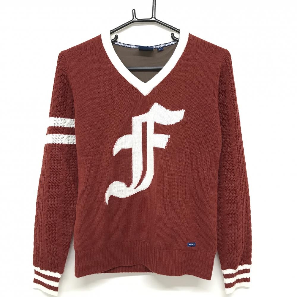 【美品】フィドラ セーター レッド×白 袖ケーブル編み ウール混 裏地付 ニット レディース M/M ゴルフウェア FIDRA