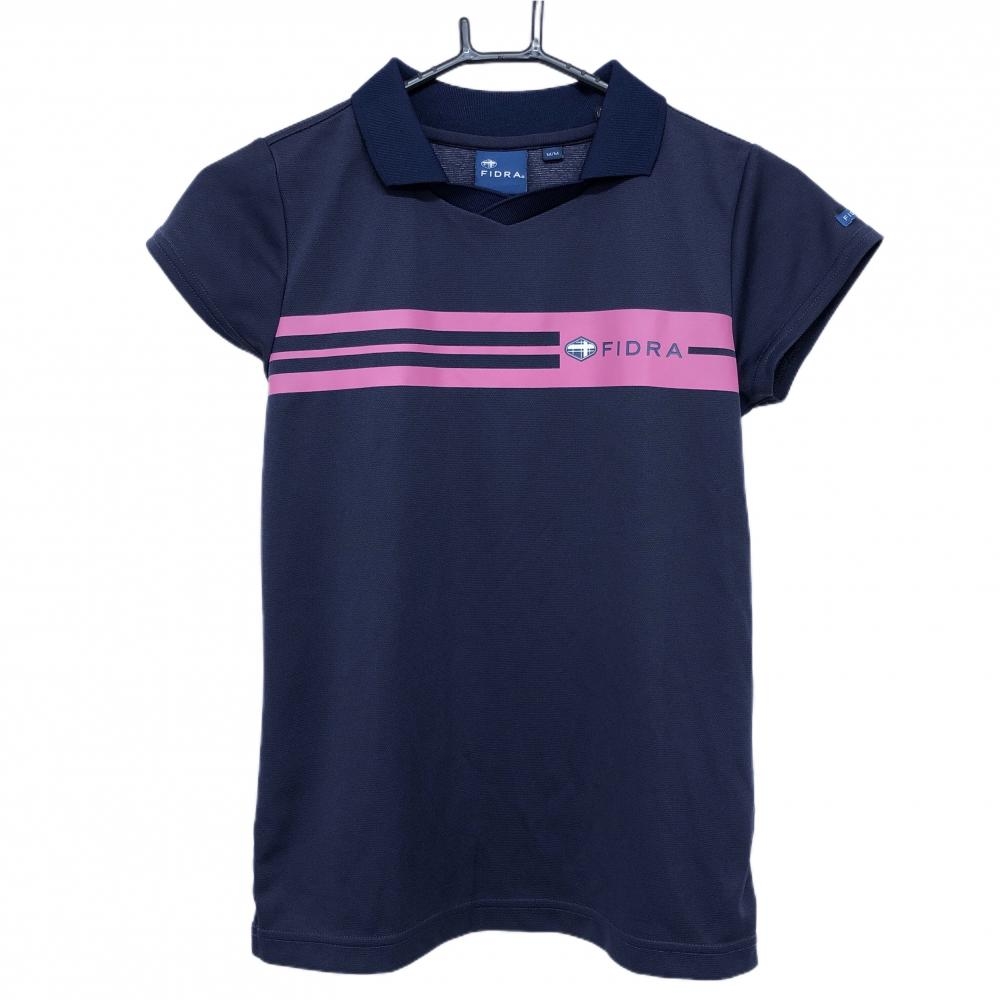 【美品】フィドラ 半袖スキッパーシャツ ネイビー×ピンク 胸ライン レディース M ゴルフウェア FIDRA