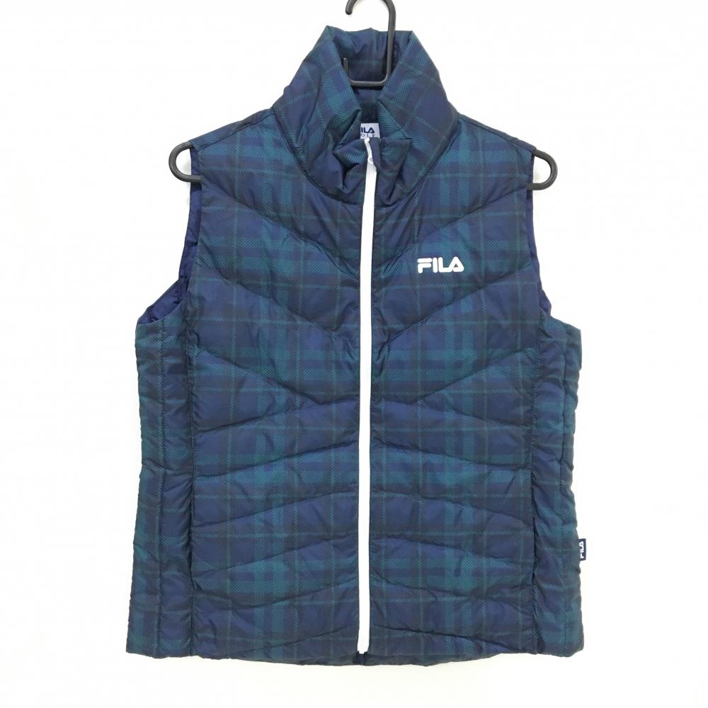 【超美品】フィラゴルフ ダウンベスト ネイビー×グリーン チェック柄 ロゴプリント レディース LL ゴルフウェア FILA GOLF