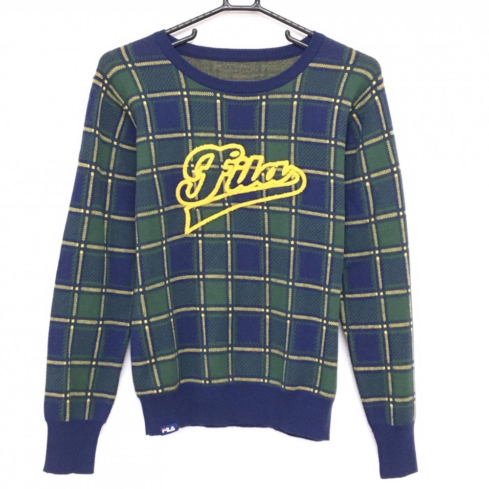 【超美品】フィラゴルフ セーター グリーン系×ネイビー チェック調 立体ロゴ ウール混 ニット レディース LL ゴルフウェア FILA GOLF