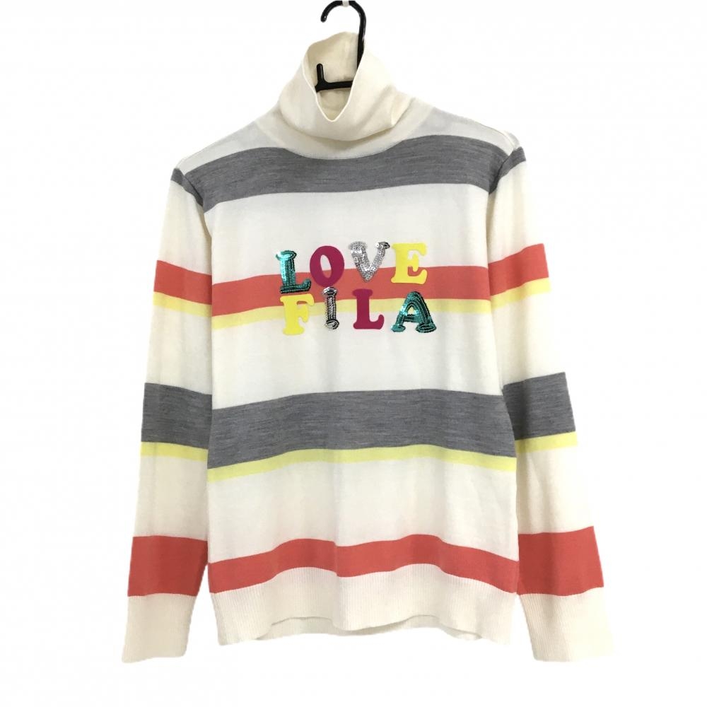 【超美品】フィラゴルフ タートルネックセーター 白×オレンジ ボーダー スパンコール ウール混 レディース LL ゴルフウェア FILA GOLF