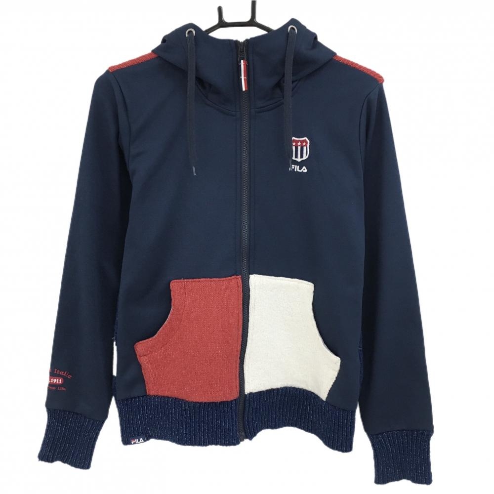 【美品】フィラゴルフ 切替ニットブルゾン ネイビー×レッド 星 スター パーカー レディース M ゴルフウェア FILA GOLF