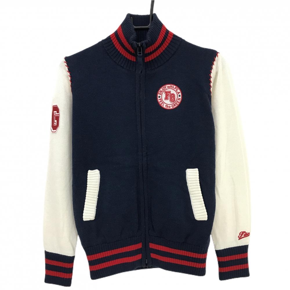 【美品】フィラゴルフ ニットジャケット ネイビー×白 ワッペン 裏地付  レディース L ゴルフウェア FILA GOLF