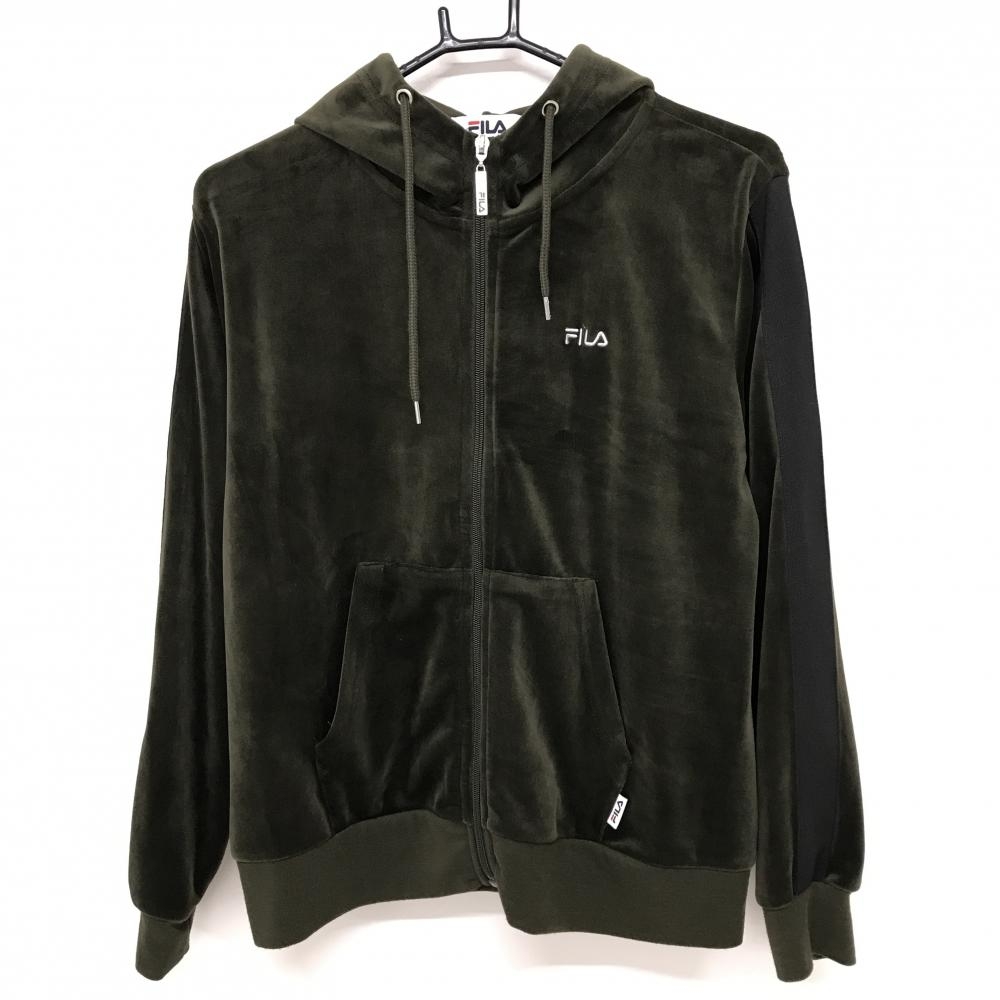 【美品】フィラ ジップパーカー カーキ×黒 表起毛 袖ライン ブルゾン レディース L ゴルフウェア FILA GOLF